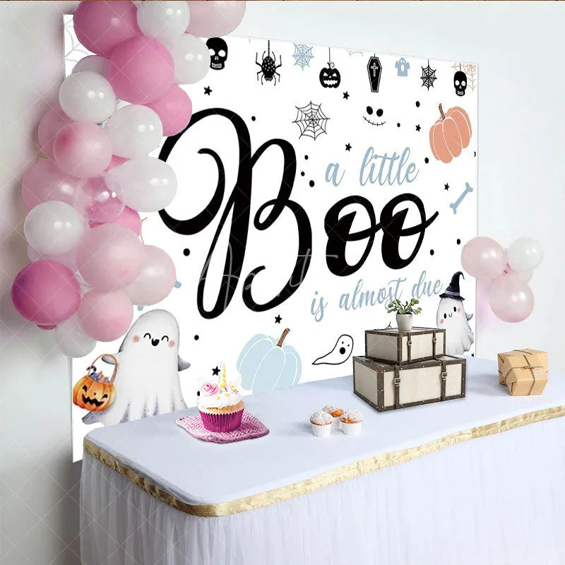 Aperturee - Aperturee A Little Boo is Almost Due Baby Shower Backdrop Cute Ghost with Pastel Pumpkins Halloween Gender Neutral Decor