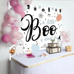 Aperturee - Aperturee A Little Boo is Almost Due Baby Shower Backdrop Cute Ghost with Pastel Pumpkins Halloween Gender Neutral Decor