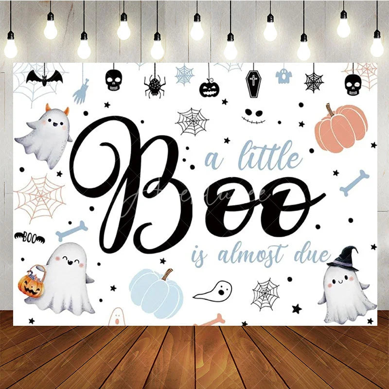 Aperturee - Aperturee A Little Boo is Almost Due Baby Shower Backdrop Cute Ghost with Pastel Pumpkins Halloween Gender Neutral Decor