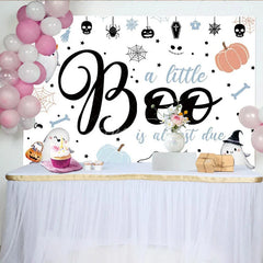 Aperturee - Aperturee A Little Boo is Almost Due Baby Shower Backdrop Cute Ghost with Pastel Pumpkins Halloween Gender Neutral Decor
