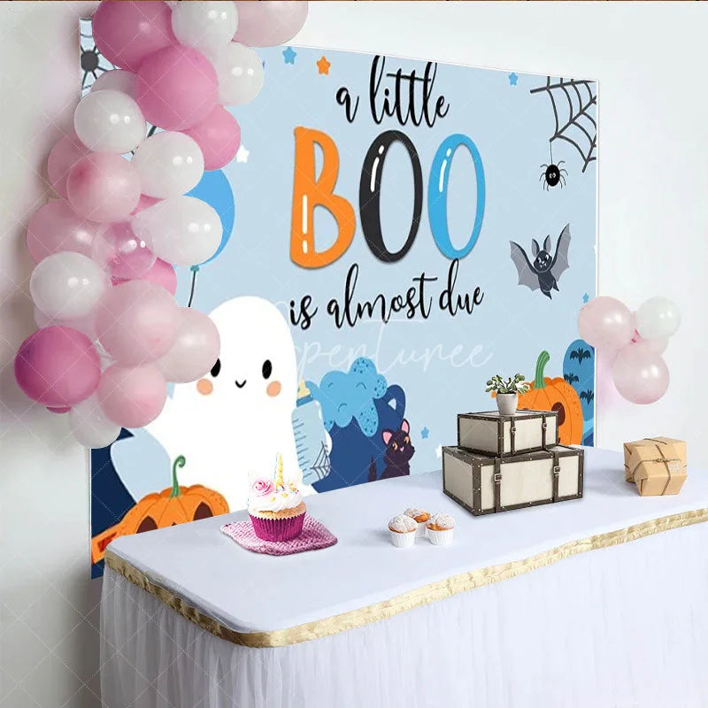 Aperturee - Aperturee A Little Boo is Almost Due Halloween Baby Shower Backdrop Cute Ghost with Blue and Orange Spooky Party for Boy