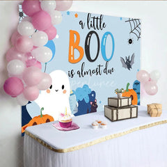 Aperturee - Aperturee A Little Boo is Almost Due Halloween Baby Shower Backdrop Cute Ghost with Blue and Orange Spooky Party for Boy