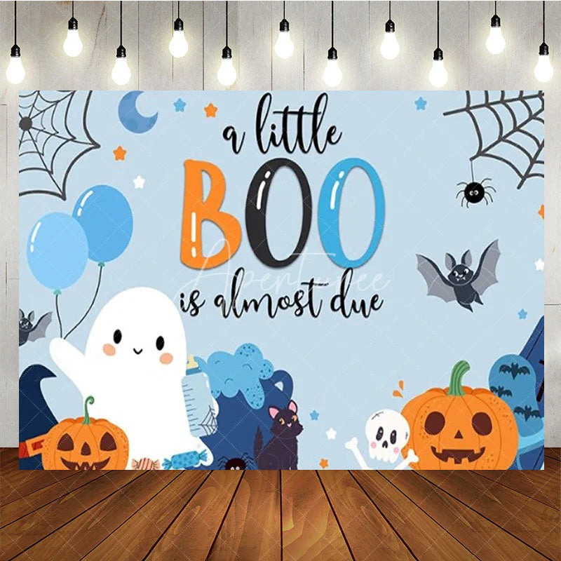 Aperturee - Aperturee A Little Boo is Almost Due Halloween Baby Shower Backdrop Cute Ghost with Blue and Orange Spooky Party for Boy