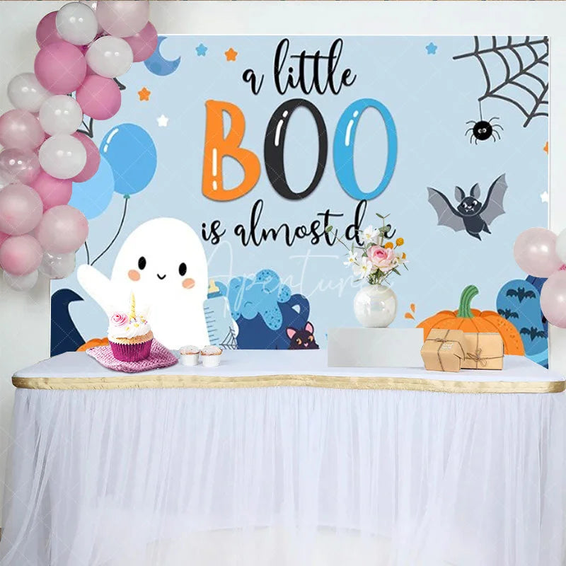 Aperturee - Aperturee A Little Boo is Almost Due Halloween Baby Shower Backdrop Cute Ghost with Blue and Orange Spooky Party for Boy