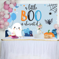 Aperturee - Aperturee A Little Boo is Almost Due Halloween Baby Shower Backdrop Cute Ghost with Blue and Orange Spooky Party for Boy