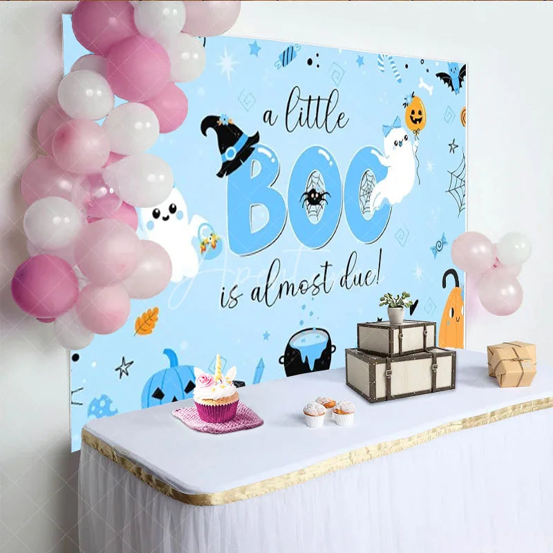 Aperturee - Aperturee A Little Boo is Almost Due Halloween Baby Shower Backdrop Cute Ghost with Blue Pumpkins Spooky Party for Boy