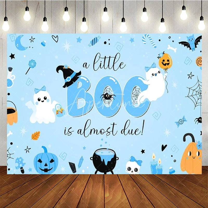 Aperturee - Aperturee A Little Boo is Almost Due Halloween Baby Shower Backdrop Cute Ghost with Blue Pumpkins Spooky Party for Boy