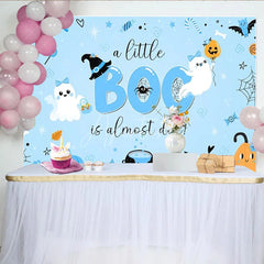 Aperturee - Aperturee A Little Boo is Almost Due Halloween Baby Shower Backdrop Cute Ghost with Blue Pumpkins Spooky Party for Boy