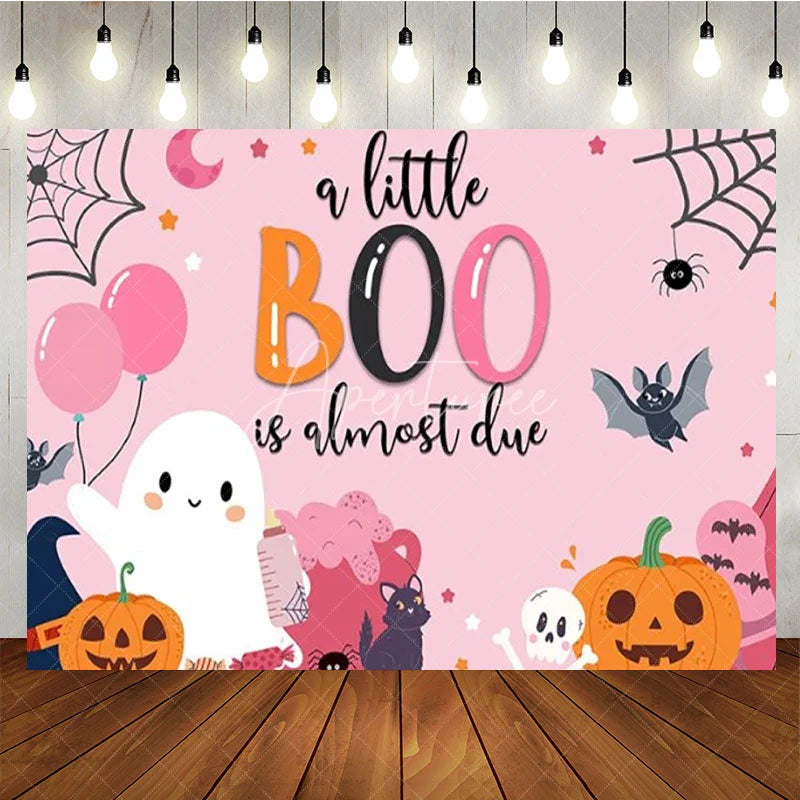 Aperturee - Aperturee A Little Boo is Almost Due Halloween Baby Shower Backdrop Cute Ghost with Pink Pumpkins Spooky Party for Girl