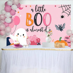 Aperturee - Aperturee A Little Boo is Almost Due Halloween Baby Shower Backdrop Cute Ghost with Pink Pumpkins Spooky Party for Girl