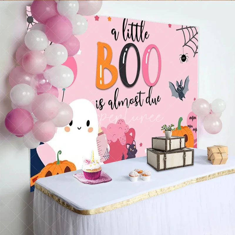 Aperturee - Aperturee A Little Boo is Almost Due Halloween Baby Shower Backdrop Cute Ghost with Pink Pumpkins Spooky Party for Girl