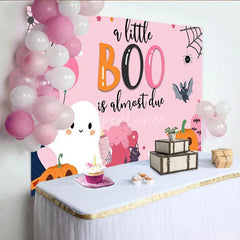 Aperturee - Aperturee A Little Boo is Almost Due Halloween Baby Shower Backdrop Cute Ghost with Pink Pumpkins Spooky Party for Girl