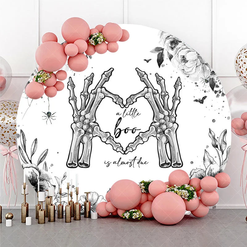 Aperturee - Aperturee A Little Boo is Almost Due Round Backdrop Gothic Skeleton Hands with Floral Halloween Baby Shower Decor