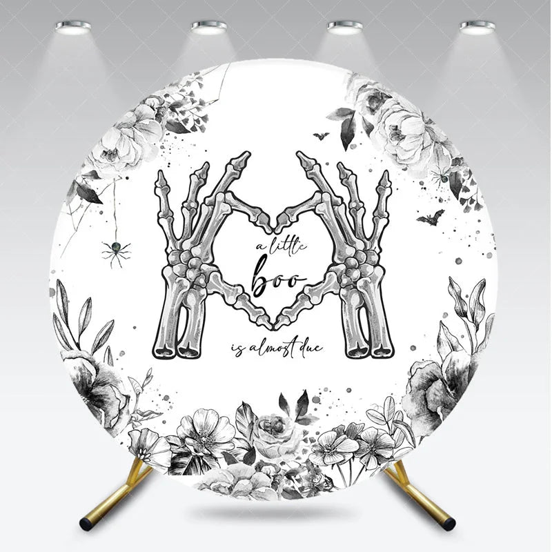 Aperturee - Aperturee A Little Boo is Almost Due Round Backdrop Gothic Skeleton Hands with Floral Halloween Baby Shower Decor
