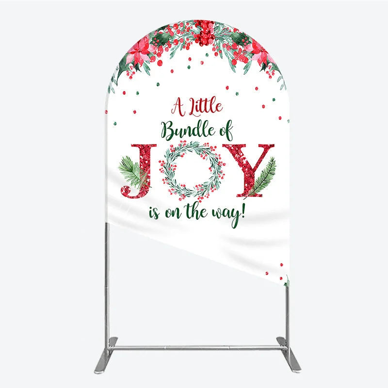 Aperturee - Aperturee A Little Bundle of Joy is on the Way Arch Backdrop Christmas Baby Shower with Poinsettia Winter Floral Decor