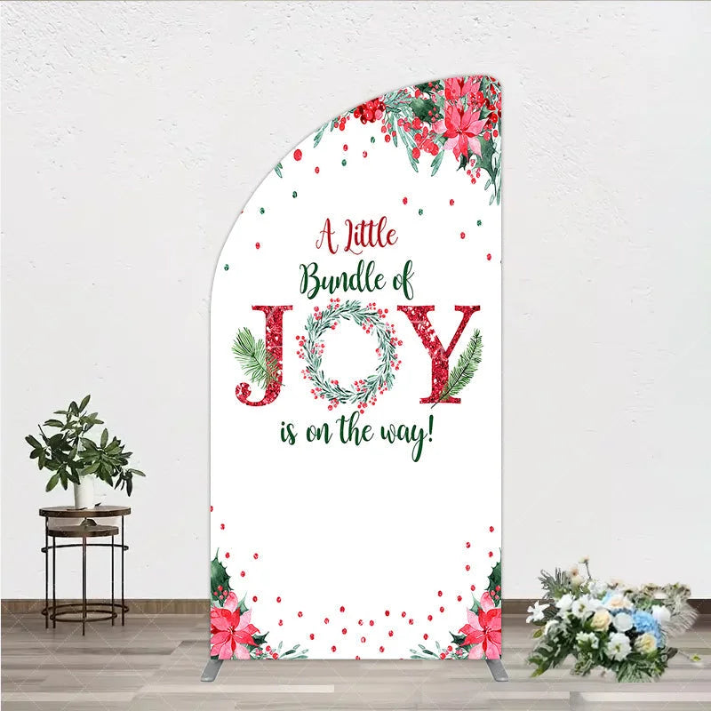 Aperturee - Aperturee A Little Bundle of Joy is on the Way Half Moon Arch Backdrop Christmas Baby Shower with Poinsettia Winter Floral Decor