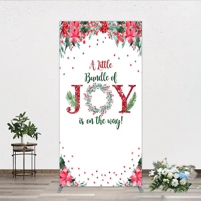 Aperturee - Aperturee A Little Bundle of Joy is on the Way Rectangle Backdrop Christmas Baby Shower with Poinsettia Winter Floral Decor