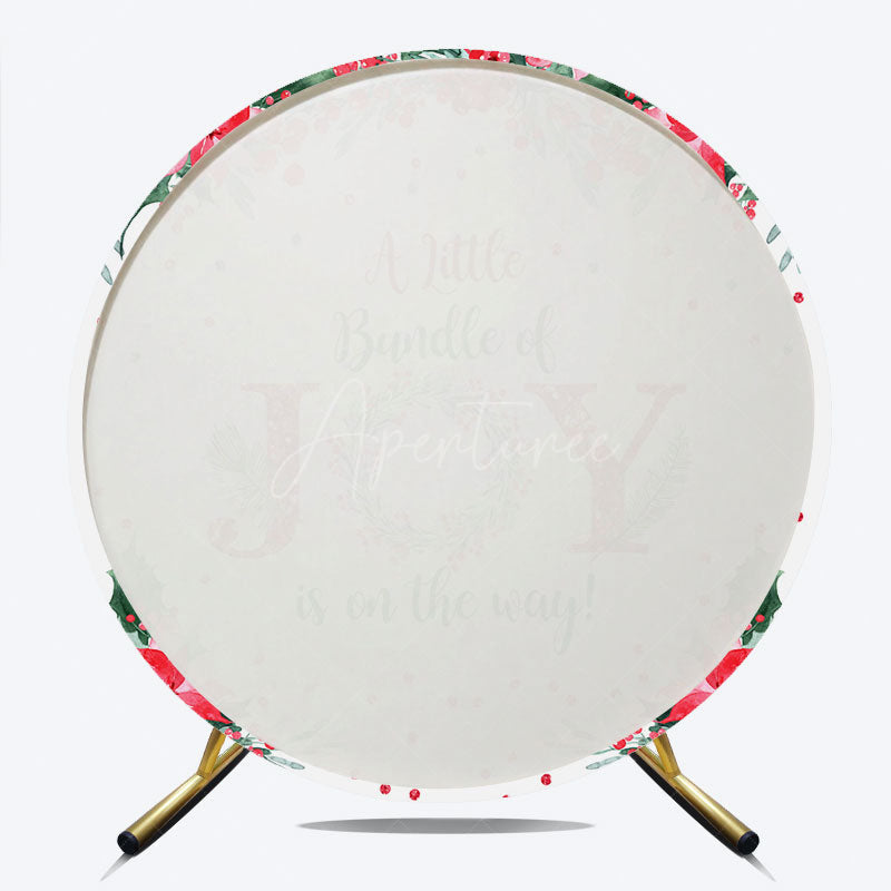 Aperturee - Aperturee A Little Bundle of Joy is on the Way Round Backdrop Christmas Baby Shower with Poinsettia Winter Floral Decor