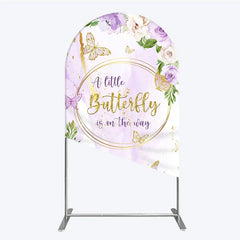 Aperturee - Aperturee A Little Butterfly is on the way Arch Backdrop Purple Floral Baby Shower Decor Gold Butterfly for Girl