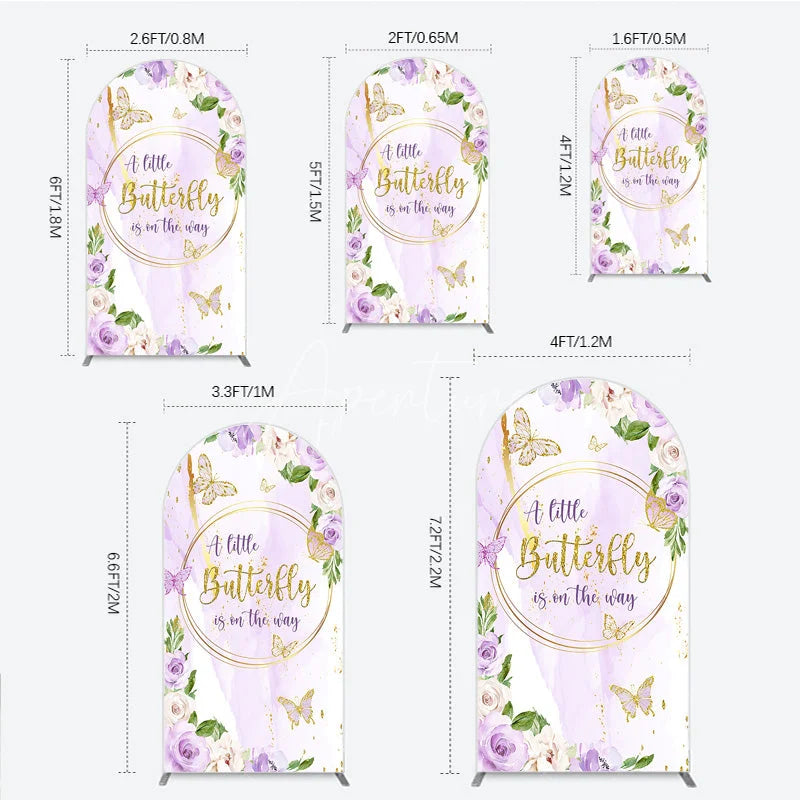Aperturee - Aperturee A Little Butterfly is on the way Arch Backdrop Purple Floral Baby Shower Decor Gold Butterfly for Girl