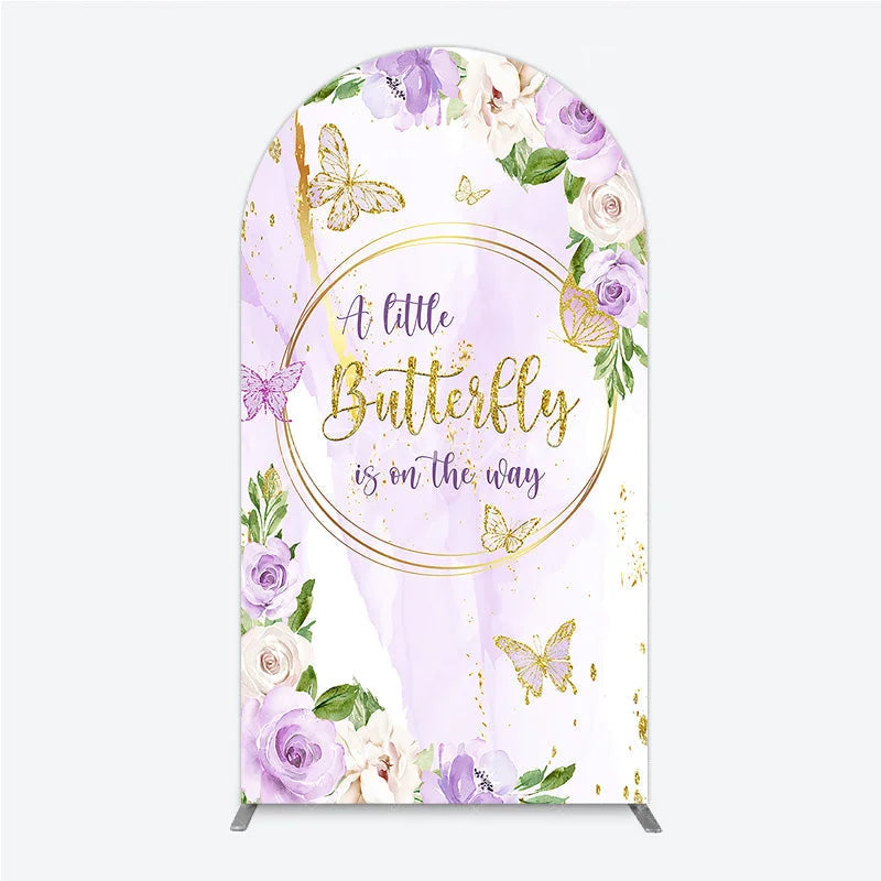 Aperturee - Aperturee A Little Butterfly is on the way Arch Backdrop Purple Floral Baby Shower Decor Gold Butterfly for Girl