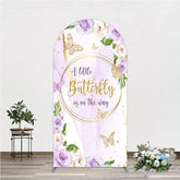 Aperturee - Aperturee A Little Butterfly is on the way Arch Backdrop Purple Floral Baby Shower Decor Gold Butterfly for Girl