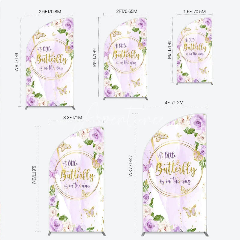 Aperturee - Aperturee A Little Butterfly is on the way Half Moon Arch Backdrop Purple Floral Baby Shower Decor Gold Butterfly for Girl