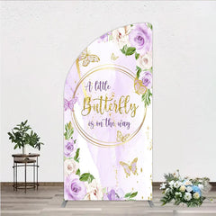 Aperturee - Aperturee A Little Butterfly is on the way Half Moon Arch Backdrop Purple Floral Baby Shower Decor Gold Butterfly for Girl