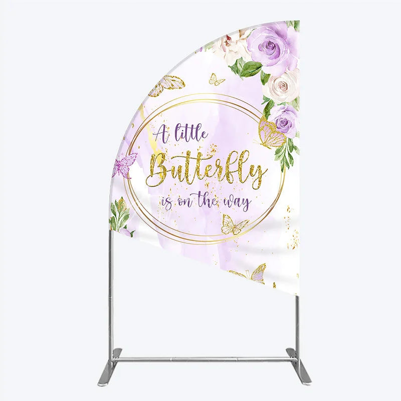 Aperturee - Aperturee A Little Butterfly is on the way Half Moon Arch Backdrop Purple Floral Baby Shower Decor Gold Butterfly for Girl