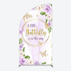 Aperturee - Aperturee A Little Butterfly is on the way Half Moon Arch Backdrop Purple Floral Baby Shower Decor Gold Butterfly for Girl