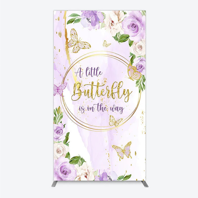Aperturee - Aperturee A Little Butterfly is on the way Rectangle Backdrop Purple Floral Baby Shower Decor Gold Butterfly for Girl