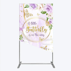 Aperturee - Aperturee A Little Butterfly is on the way Rectangle Backdrop Purple Floral Baby Shower Decor Gold Butterfly for Girl