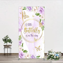 Aperturee - Aperturee A Little Butterfly is on the way Rectangle Backdrop Purple Floral Baby Shower Decor Gold Butterfly for Girl