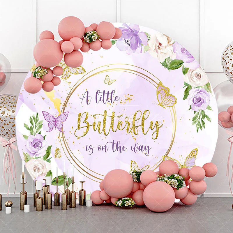 Aperturee - Aperturee A Little Butterfly is on the Way Round Backdrop Purple and Gold Floral Girl Baby Shower Party Decor