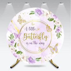 Aperturee - Aperturee A Little Butterfly is on the Way Round Backdrop Purple and Gold Floral Girl Baby Shower Party Decor