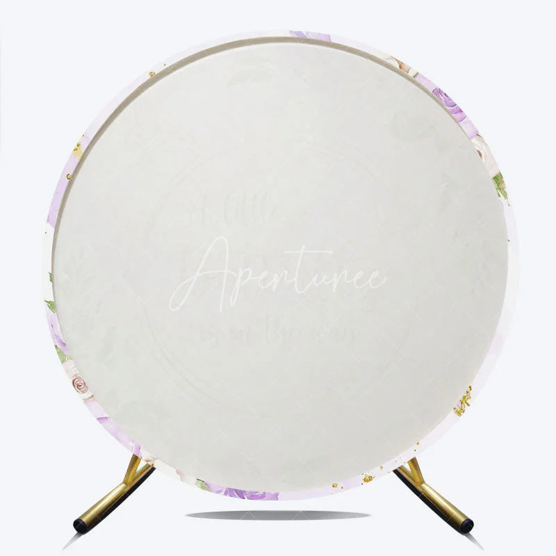 Aperturee - Aperturee A Little Butterfly is on the Way Round Backdrop Purple and Gold Floral Girl Baby Shower Party Decor