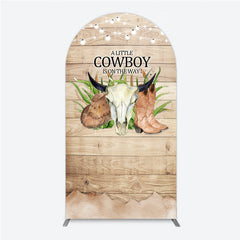 Aperturee - Aperturee A Little Cowboy is on the Way Arch Backdrop Rustic Western Baby Shower Decor Wood and String Lights Photo Booth