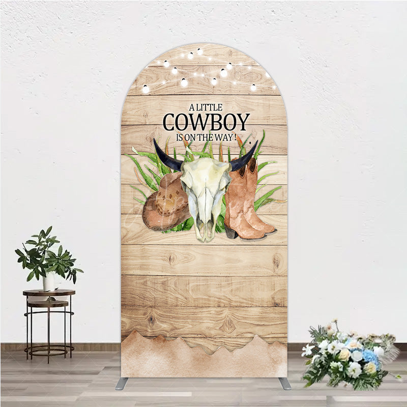 Aperturee - Aperturee A Little Cowboy is on the Way Arch Backdrop Rustic Western Baby Shower Decor Wood and String Lights Photo Booth