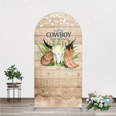 Aperturee - Aperturee A Little Cowboy is on the Way Arch Backdrop Rustic Western Baby Shower Decor Wood and String Lights Photo Booth
