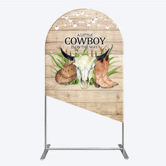 Aperturee - Aperturee A Little Cowboy is on the Way Arch Backdrop Rustic Western Baby Shower Decor Wood and String Lights Photo Booth