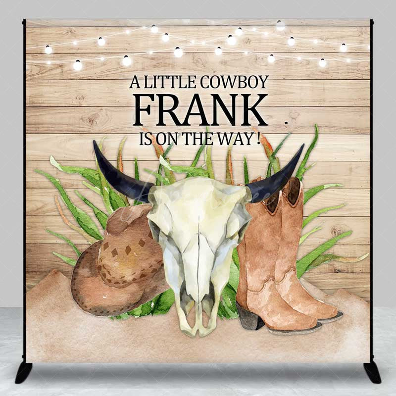 Aperturee - Aperturee A Little Cowboy Is On The Way Custom Backdrop Western Themed Baby Shower Rustic Wood and Skull Photo Prop Decor