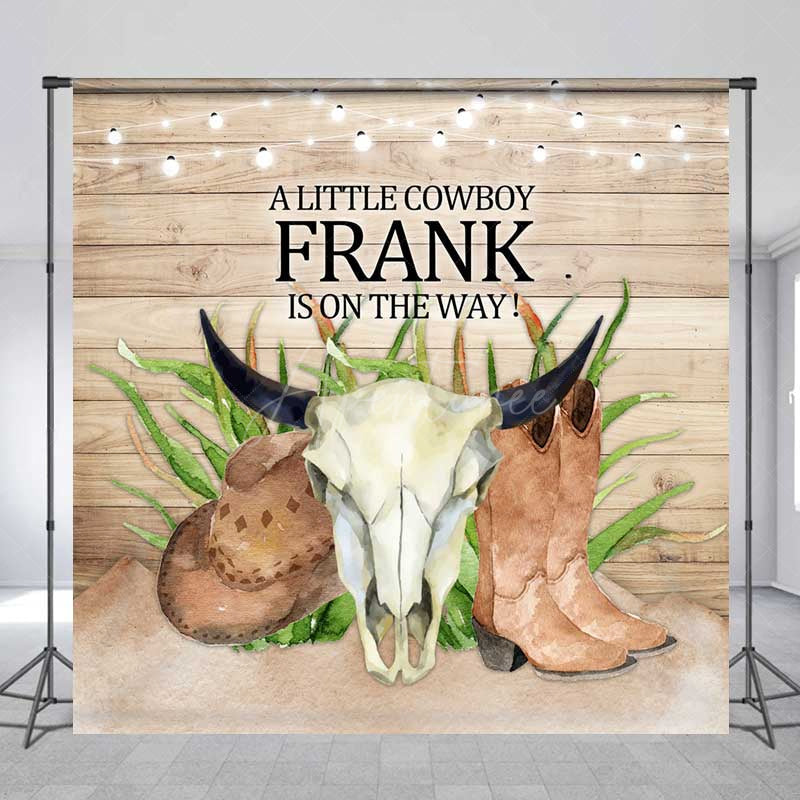 Aperturee - Aperturee A Little Cowboy Is On The Way Custom Backdrop Western Themed Baby Shower Rustic Wood and Skull Photo Prop Decor