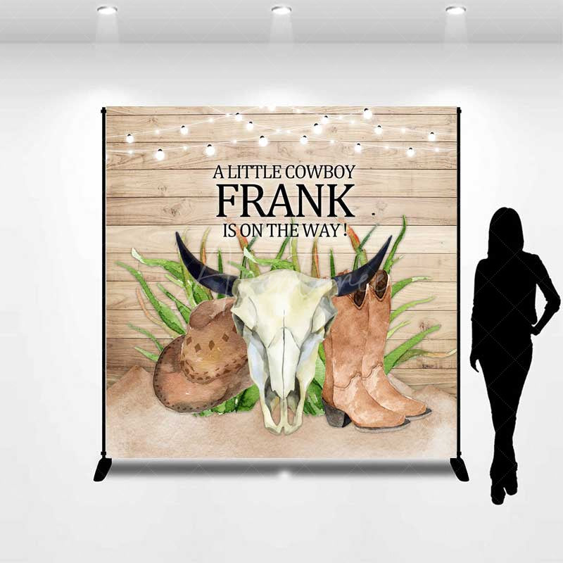 Aperturee - Aperturee A Little Cowboy Is On The Way Custom Backdrop Western Themed Baby Shower Rustic Wood and Skull Photo Prop Decor