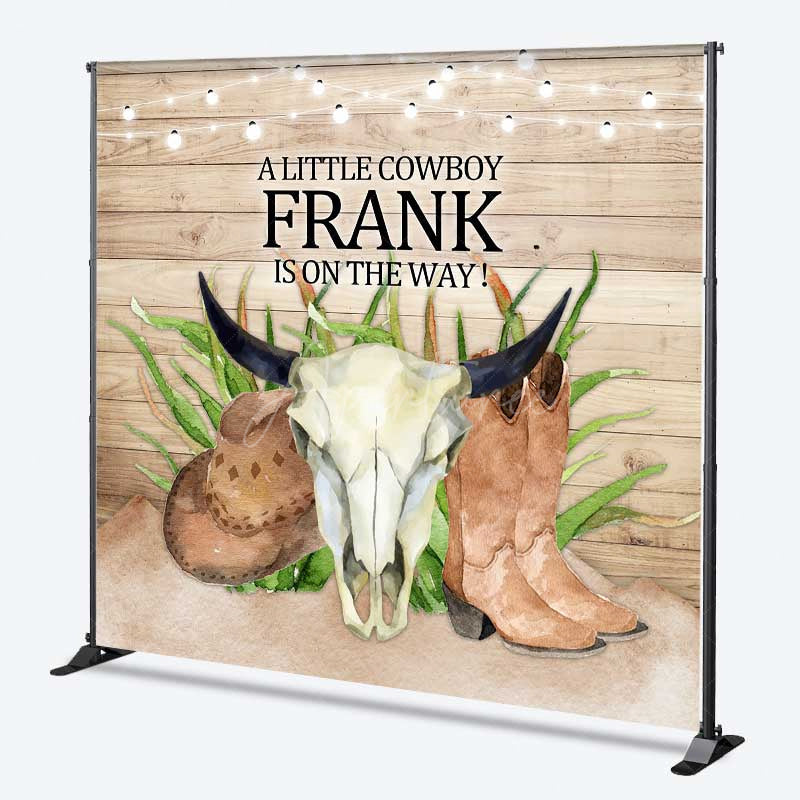 Aperturee - Aperturee A Little Cowboy Is On The Way Custom Backdrop Western Themed Baby Shower Rustic Wood and Skull Photo Prop Decor