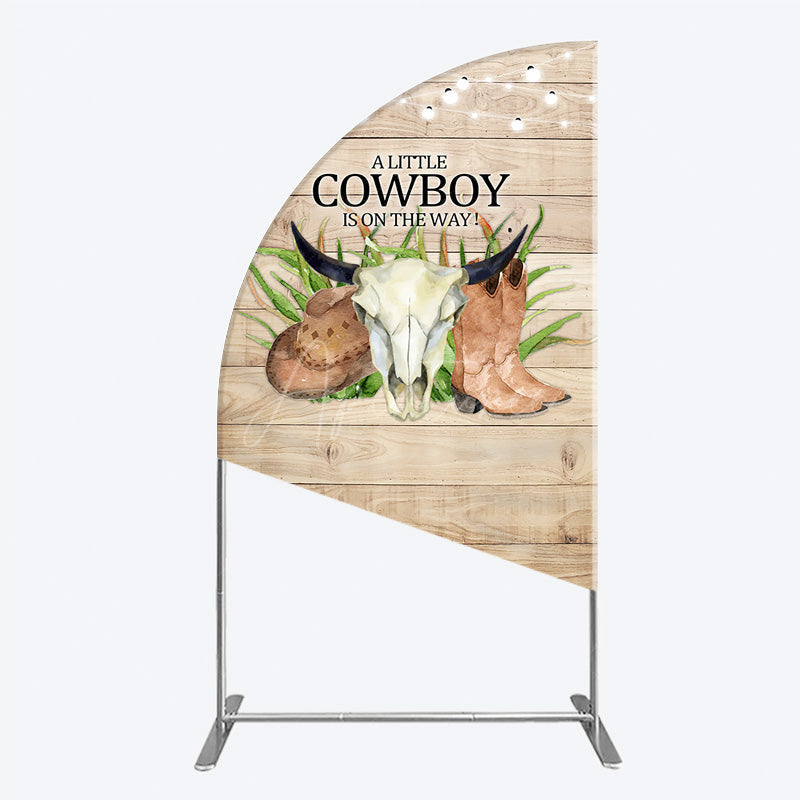 Aperturee - Aperturee A Little Cowboy is on the Way Half Moon Arch Backdrop Rustic Western Baby Shower Decor Wood and String Lights Photo