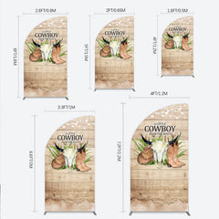 Aperturee - Aperturee A Little Cowboy is on the Way Half Moon Arch Backdrop Rustic Western Baby Shower Decor Wood and String Lights Photo