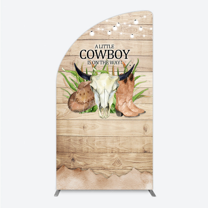 Aperturee - Aperturee A Little Cowboy is on the Way Half Moon Arch Backdrop Rustic Western Baby Shower Decor Wood and String Lights Photo