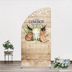 Aperturee - Aperturee A Little Cowboy is on the Way Half Moon Arch Backdrop Rustic Western Baby Shower Decor Wood and String Lights Photo