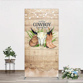 Aperturee - Aperturee A Little Cowboy is on the Way Rectangle Backdrop Rustic Western Baby Shower Decor Wood and String Lights Photo Booth