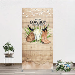 Aperturee - Aperturee A Little Cowboy is on the Way Rectangle Backdrop Rustic Western Baby Shower Decor Wood and String Lights Photo Booth